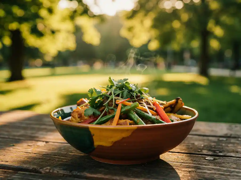 Dampende kom internationale streetfood op rustieke houten tafel in Cumulus Park, omgeven door weelderig groen in warm middaglicht.