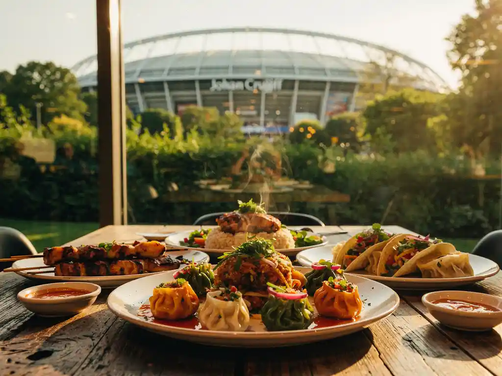 Dampend bord internationaal streetfood op rustieke houten tafel, met het Johan Cruijff Arena en Cumulus Park zichtbaar door restaurantraam.