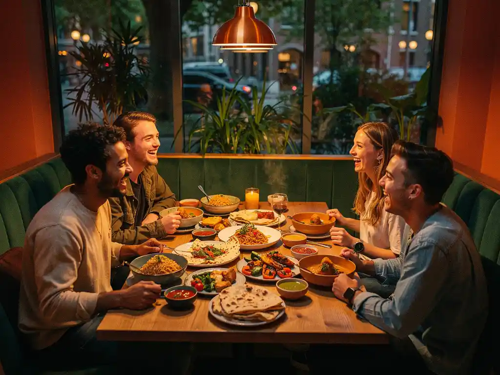 Studenten lachen samen aan een tafel vol wereldgerechten, dampende kommen en flatbreads in een warm, modern Amsterdams restaurant.