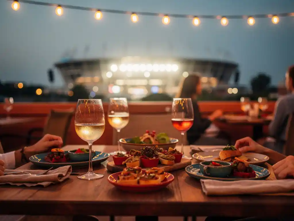 Restaurantterras met warme sfeerlichtjes bij schemering, tafel met gedeelde gerechten en wijnglazen, stadion zichtbaar op de achtergrond.