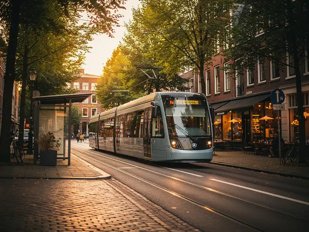 Tram rijdt door een bomenlaan in Amsterdam Zuid tijdens het gouden uur, met klinkers, café­verlichting en klassieke Hollandse architectuur.
