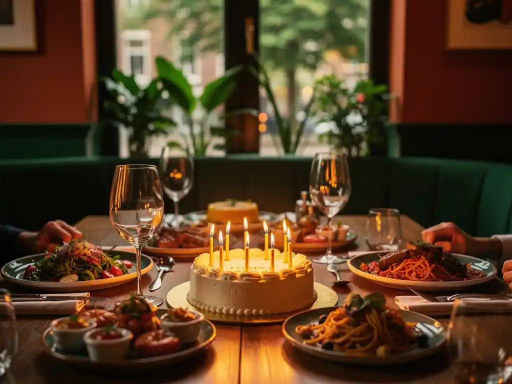 Verjaardagstafel in Amsterdams restaurant met kleine taart met brandende kaarsjes, kleurrijke gerechten en wijnglazen in warm kaarslicht.