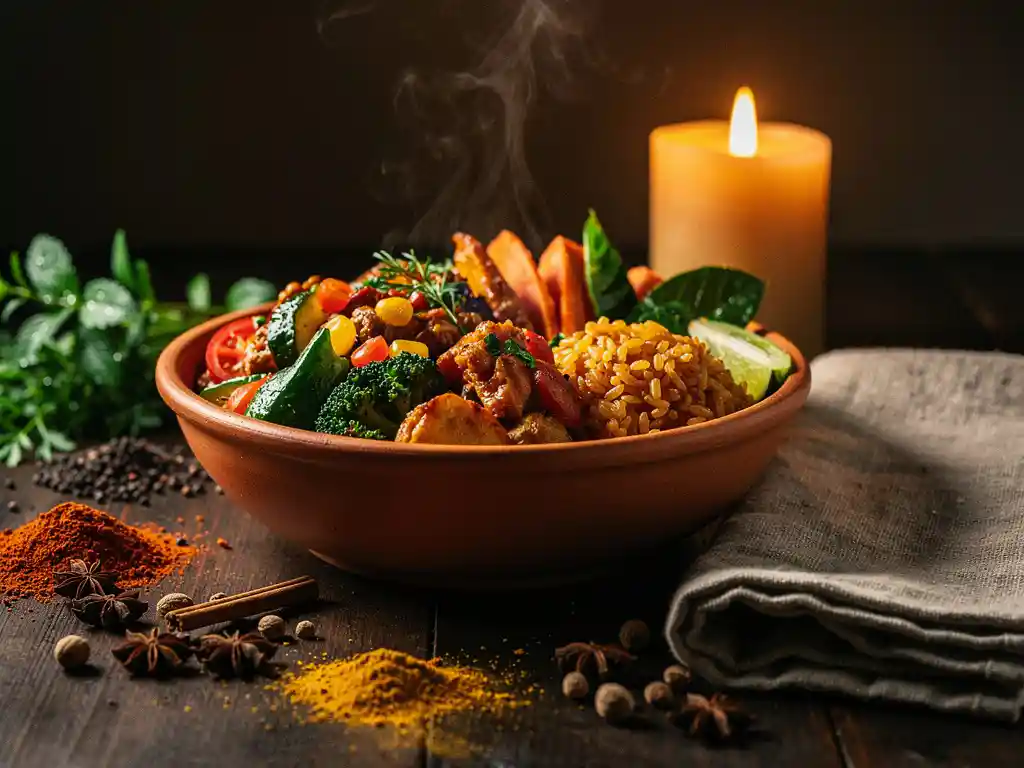 Dampende kleikom met world-fusion gerecht op donker houten tafel, omringd door exotische kruiden en specerijen bij kaarslicht.