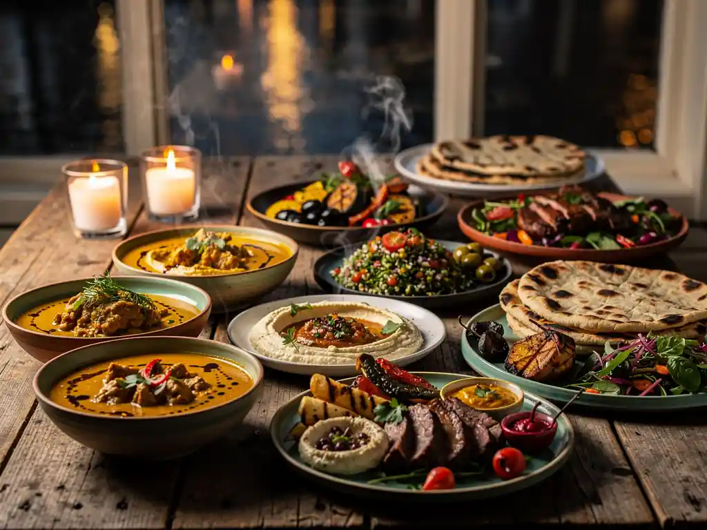 Dampende wereldgerechten op rustieke houten tafel met curry's, mezze en kleurrijke sharingdishes bij kaarslicht in Amsterdam.