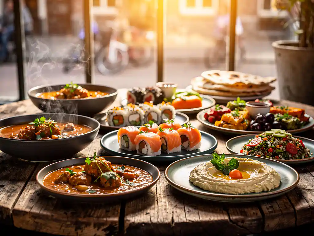 Dampende wereldgerechten op rustieke houten tafel: gekruide stoofpot, sushibroodjes en mezze in warm Amsterdams café-licht.