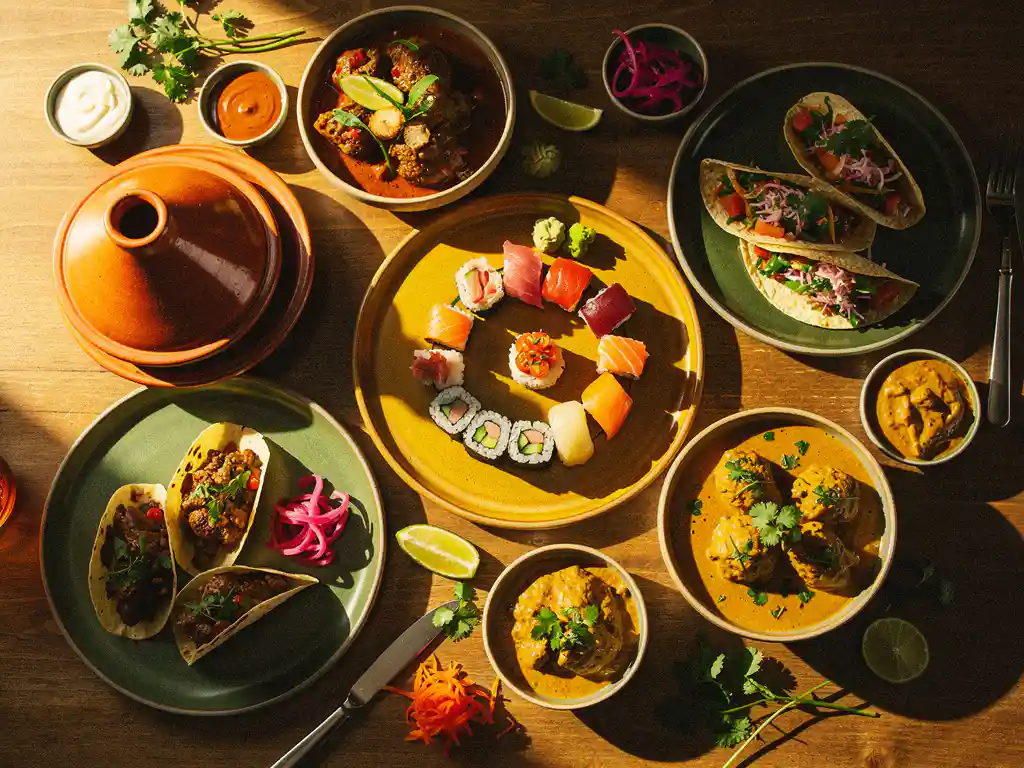 Bovenaanzicht van sushi, tajine, taco's en kerriekommen op een houten tafel in warm middaglicht.