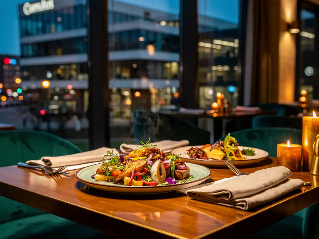 Dampende wereldgerechten op een kaarsverlichte restauranttafel met uitzicht op de moderne architectuur van Cumulus Park in Amsterdam Zuidoost bij schemering.