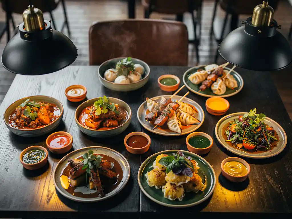Kleurrijk sharingboard met wereldgerechten, dampende kommen, verse kruiden en sauzen op donker hout in modern Amsterdam restaurant.
