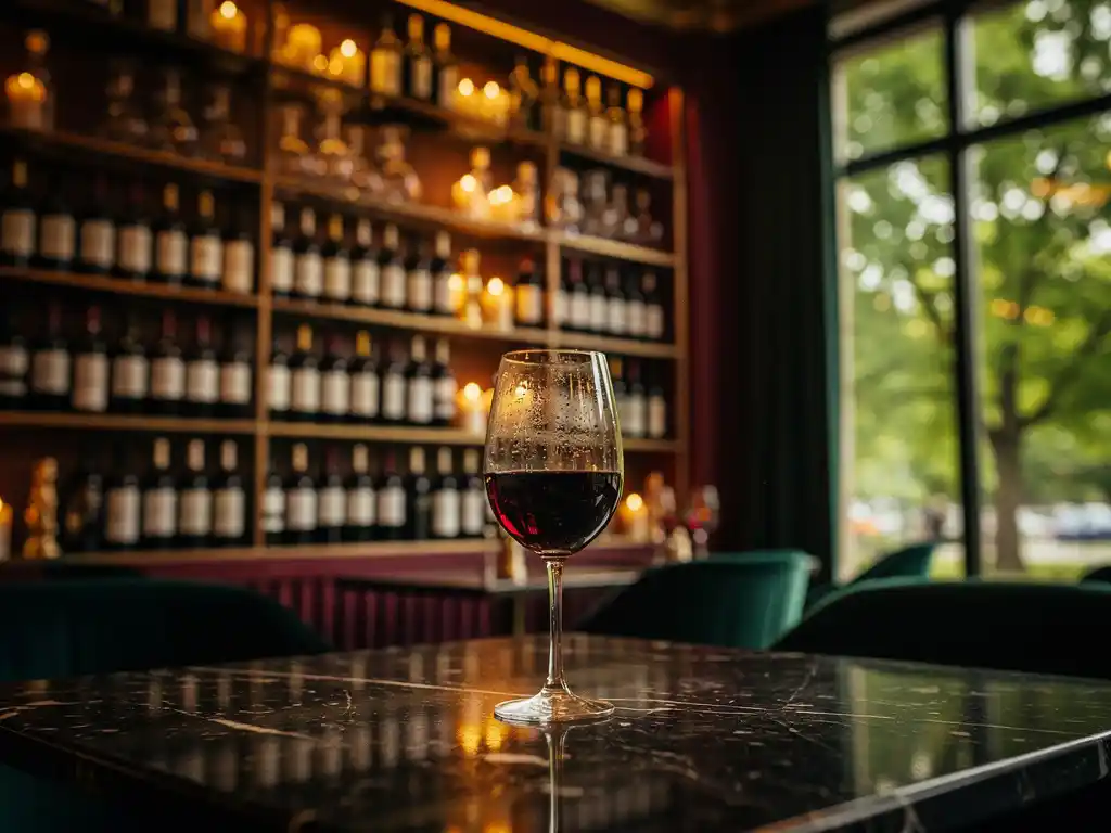 Uitgebreide wijnmuur met flessen uit de hele wereld, glas robijnrode wijn op donker marmeren tafel, kaarslicht en groen uitzicht op Cumulus Park.