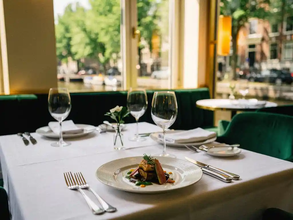 Zakelijk lunchdiner in Amsterdam restaurant met wit linnen, glanzende wijnglazen en sfeervol kaarslicht bij grote ramen.