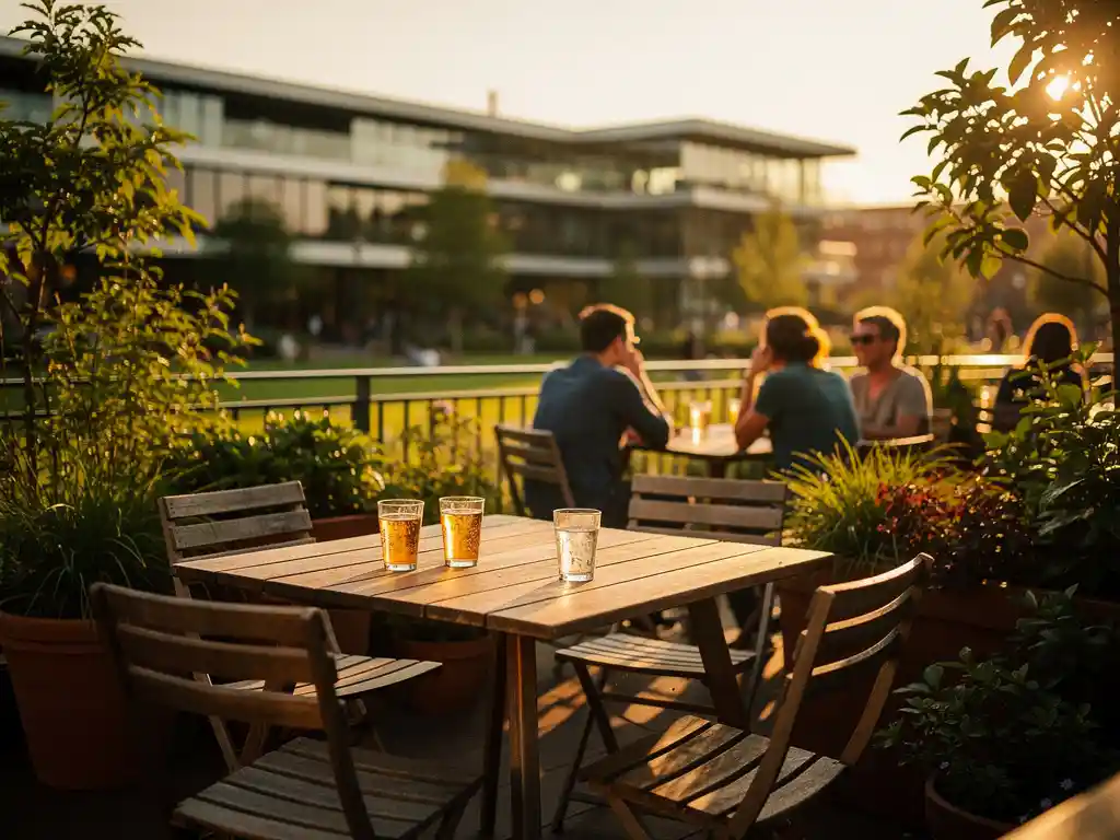 Zonnig terras in Cumulus Park Amsterdam Zuidoost bij gouden uur, met houten stoelen, koude drankjes en weelderig groen.