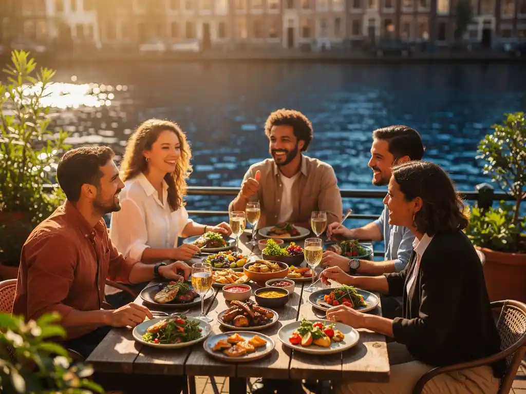 Collega's delen wereldgerechten op een zonnig Amsterdams kanaalterras met gouden middaglicht en weelderig groen.