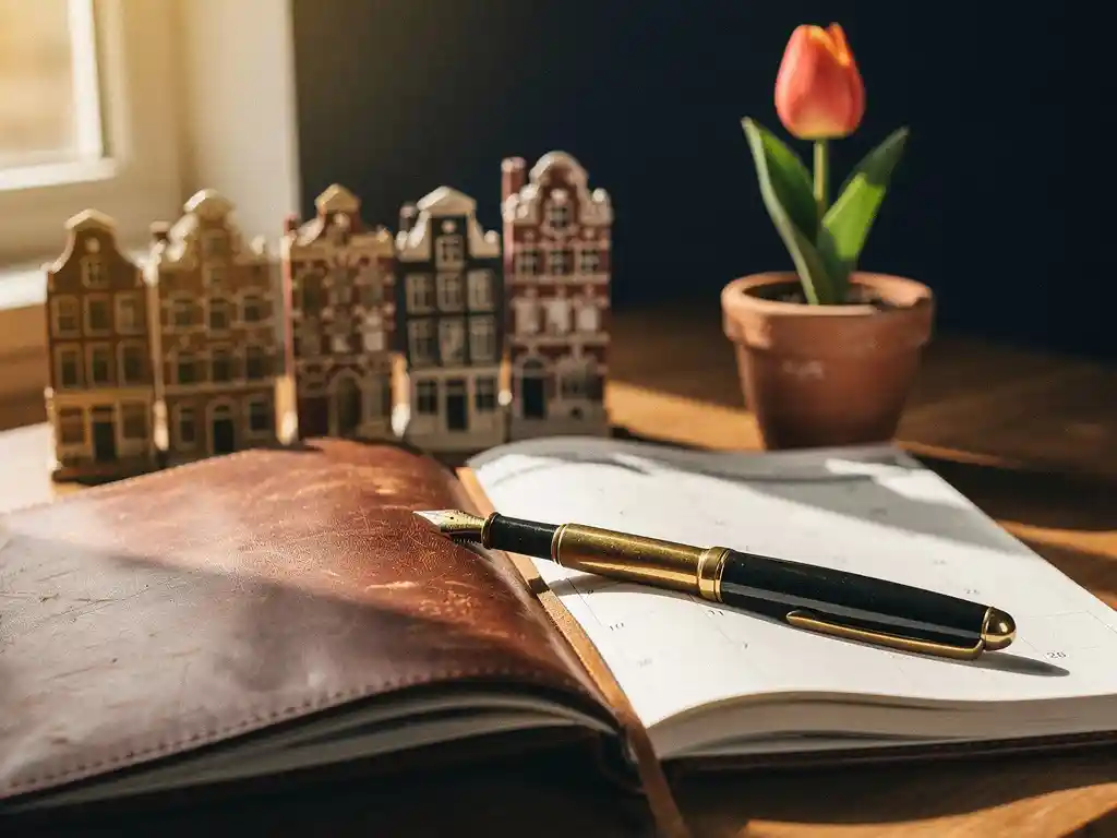 Opengeslagen leren reisdagboek met handgeschreven kalender, vulpen, Amsterdamse grachtenpandminiaturen en tulp in warm middaglicht.