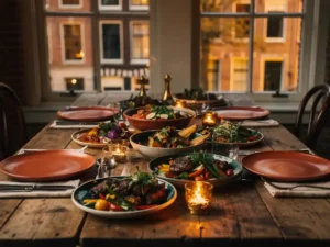 Rustieke houten eettafel met kleurrijke gerechten, verse kruiden en kaarslicht in een Amsterdams grachtenpand.