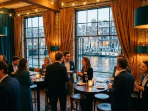 Professionals networking over drinks in a candlelit Amsterdam canal-view venue with exposed brick walls and industrial windows at dusk.
