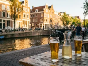 Cold beer and wine glasses on a sunlit Amsterdam canal terrace, Dutch gabled facades reflected in the waterway behind.
