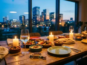 Candlelit share-plate dinner table with chilled wine and concert wristband beside cutlery, overlooking Amsterdam Zuidoost skyline at dusk.