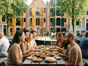 Diverse group sharing a colorful world cuisine meal at a sunlit Amsterdam canal-side terrace in warm afternoon light.