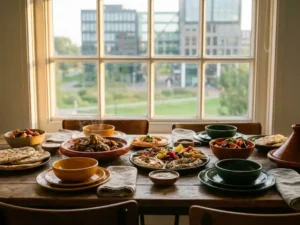 Steaming share dishes in ceramic bowls on a rustic wooden table, with Amsterdam Zuidoost's architecture and green parkscape visible through a sunlit window.