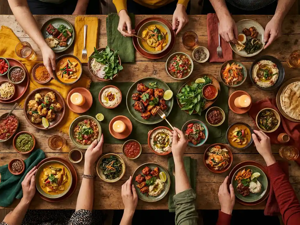 Overhead flat-lay of a candlelit table filled with colorful global sharing plates as diverse hands reach in among curries, grilled meats, and fresh herbs.