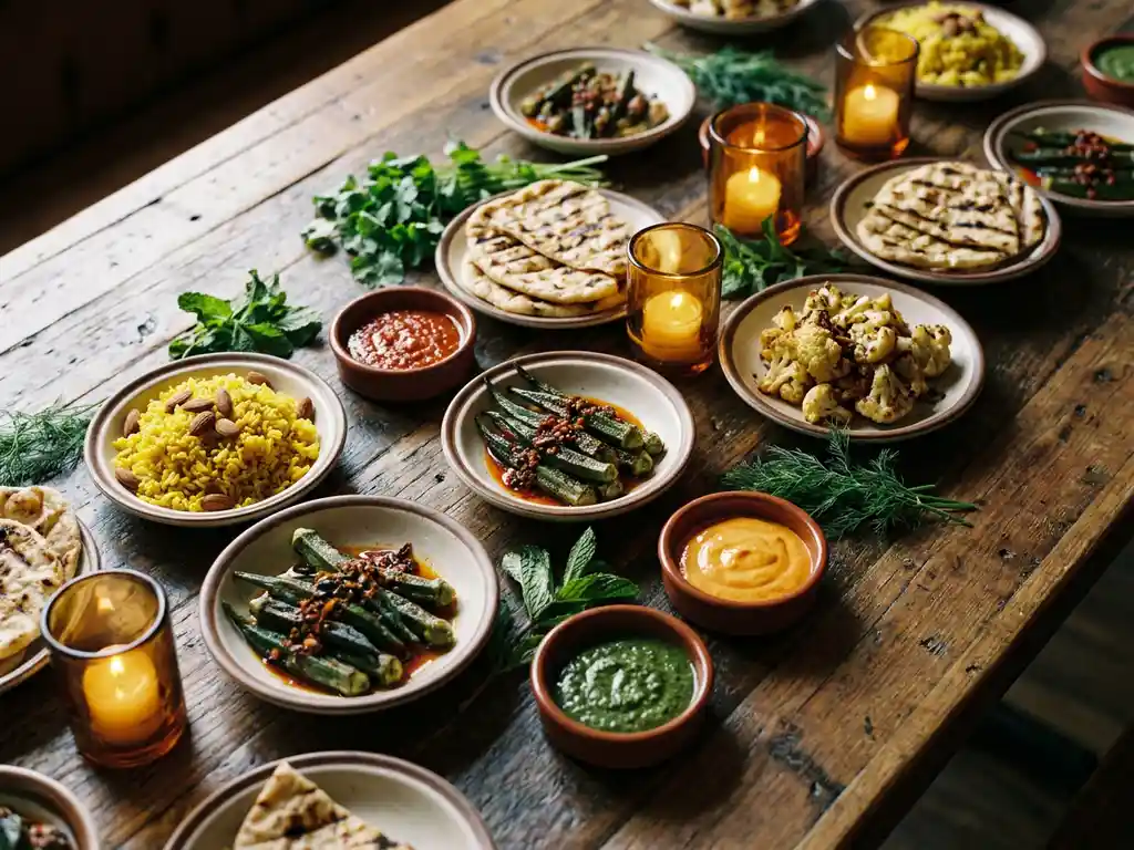 Overhead flat lay of rustic share plates with spiced rice, charred vegetables, and vivid sauces in terracotta bowls, lit by warm candlelight.