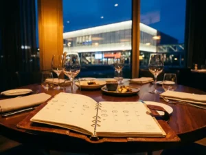 Leather-bound planner open to a circled calendar page on a restaurant table set for a corporate dinner, Amsterdam RAI convention center glowing through the window.